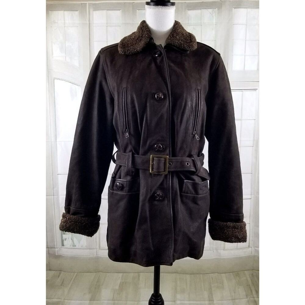 Women's Dark Brown Faux-Shearling Belted Trench Coat